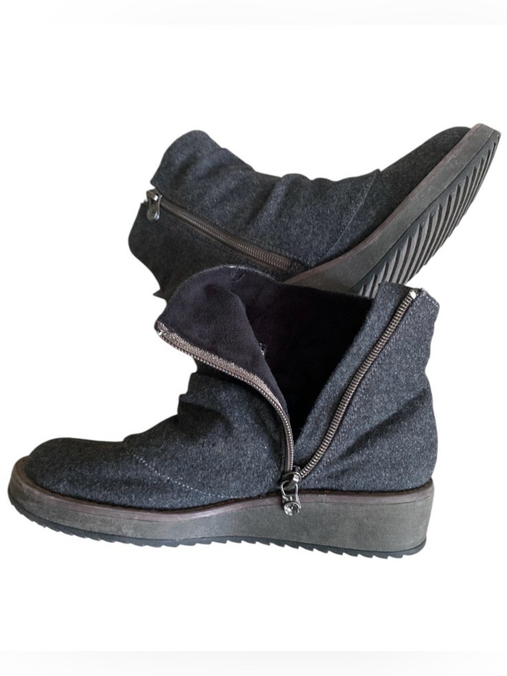 Blowfish Malibu Women's Gray Felt Side Zip Low Wedge Slouch Ankle Boots Size 6.5 - Picture 10 of 12